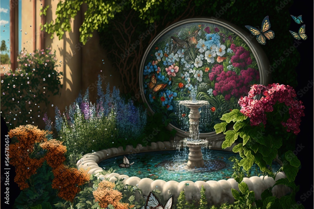  a painting of a garden with a fountain and flowers in the center of the picture and butterflies flying around the fountain and flowers in the center of the picture.  generative ai