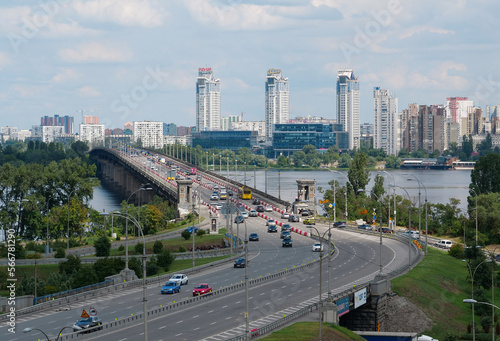View of Paton Bridge and left bank of Dnieper river in Kyiv city, Ukraine