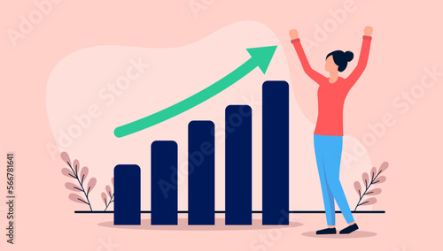 Woman with financial success - Businesswoman with raised hands in front of rising graph and green arrow celebrating income growth and business profits. Flat design vector illustration