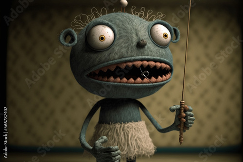 Funny scary and cute 3d puppet character marionette. Sinister and grin, creepy eyes quirky and unique. Ai generated