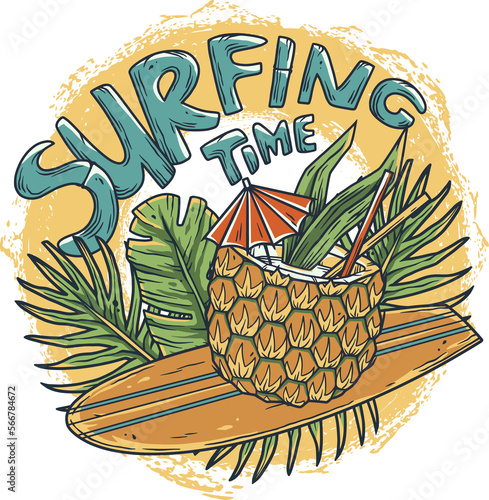 Surfing hawaii pineapple on surf bord for t-shirt print. Tropical surfbord emblem for surfer tiki bar or beach bar photo