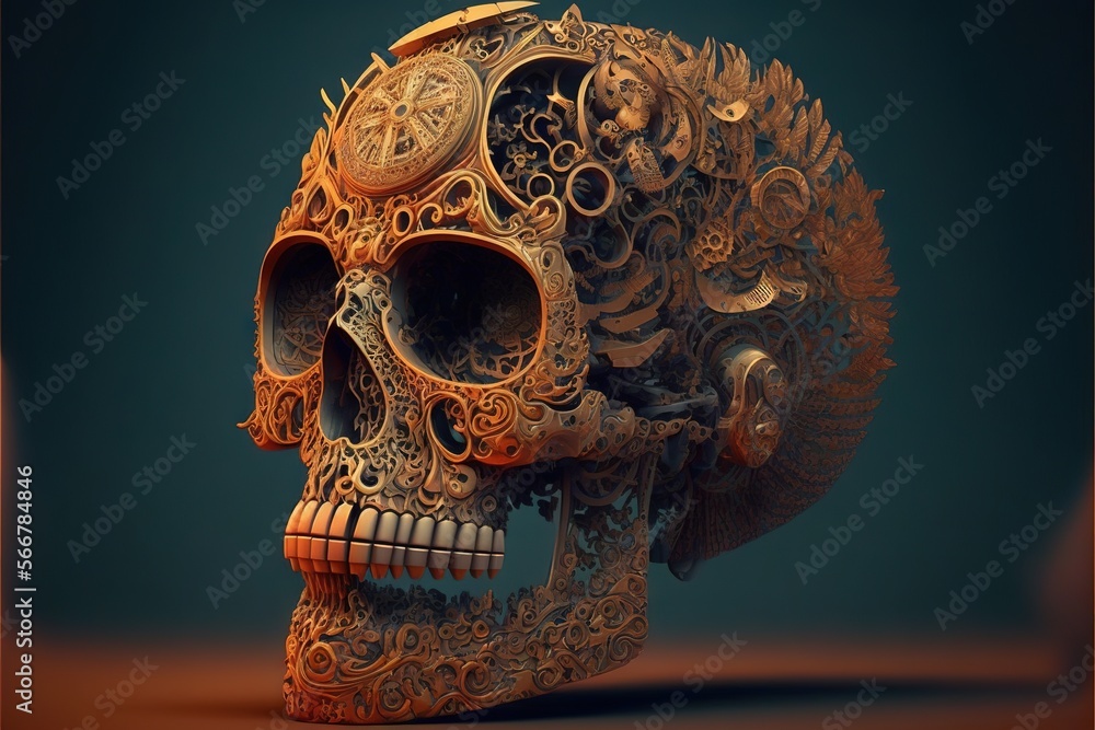  a skull with a clock on it's face and a clock on the back of it's head is made out of gears.  generative ai