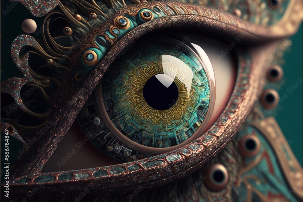  a close up of a person's eye with an eyeball in the center of the eye and a pattern on the outside of the eye.  generative ai