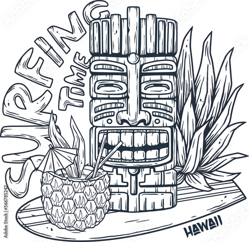 Surfing hawaii cocktail and tiki mask on surf bord for t-shirt print. tropical surfbord and drink pineapple for tiki bar or beach bar photo