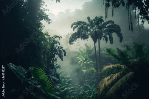  a tropical forest filled with lots of trees and plants on a foggy day in the middle of the day with a few clouds in the sky.  generative ai
