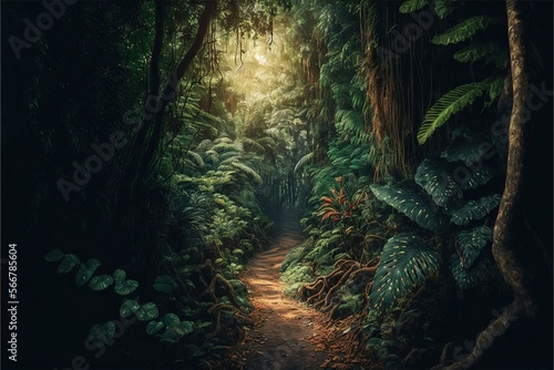 a painting of a path in the middle of a forest with lots of trees and plants on either side of the path is a sunbeam. generative ai