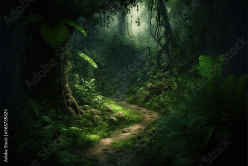  a painting of a path through a forest with lush green plants and trees on both sides of the path is a dirt path that leads to the center of the picture. generative ai