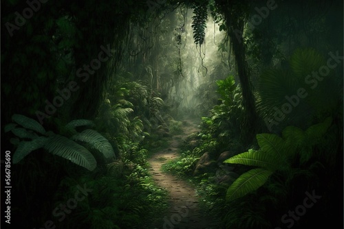  a lush green forest filled with lots of trees and plants next to a dirt path with a lush green forest on both sides of the path. generative ai