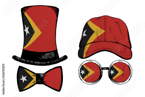 Head accessories. Patriotic clip art set in colors of national flag on white background. Timor East