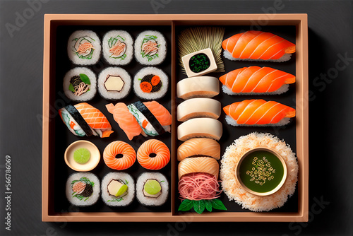 sushi box top view with nigiri, sashimi, tuna, hossomaki,uramaki and other. ai generative content