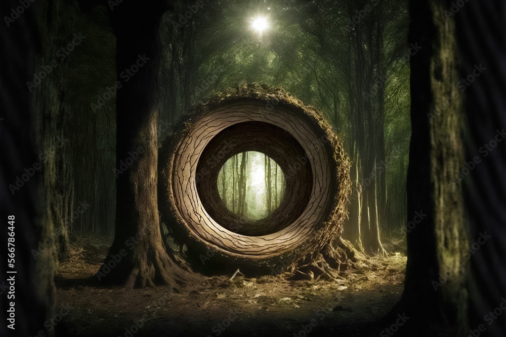 A huge circular portal to another dimension innate in an old oak tree