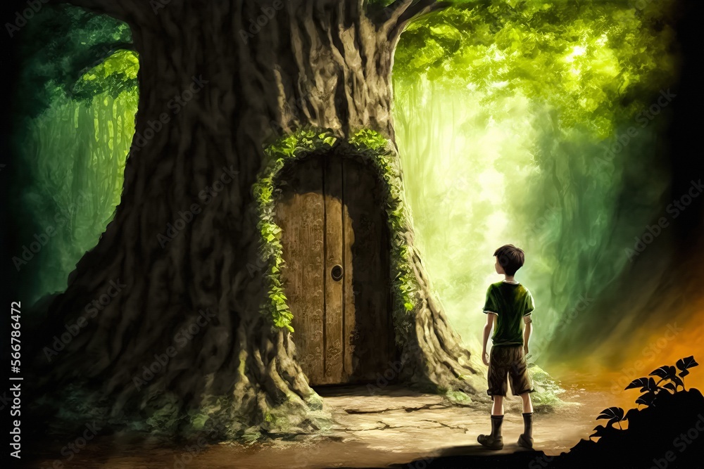The boy is standing in front of a huge oak tree inside of which there is a wooden door to its interior. Ai generative. Digital painting concept art. Woods from a fairy tale world.