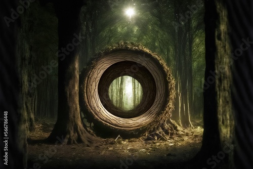 A huge circular portal to another dimension innate in an old oak tree in the midst of an old secret forest. Ai generative. Digital painting concept art. Woods from a fairy tale world.