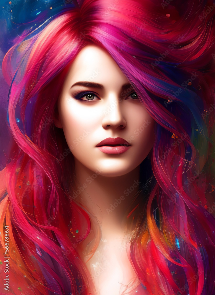 Colorful painting of a beautiful woman's face, Portrait of a beautiful woman with colorful hair