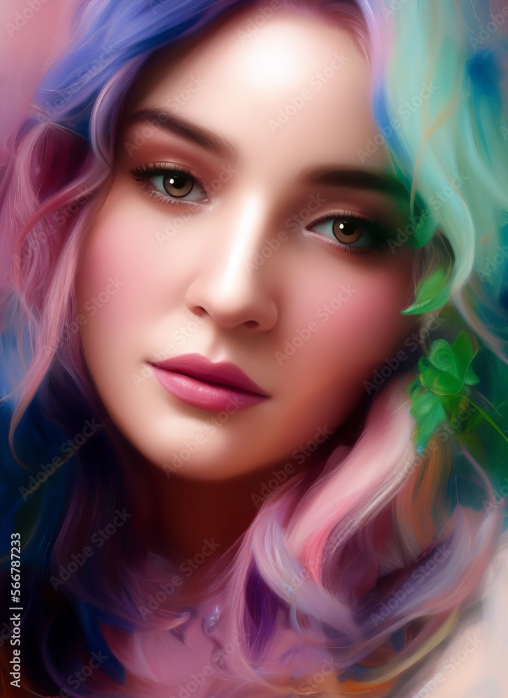Fototapeta premium Colorful painting of a beautiful woman's face, Portrait of a beautiful woman with colorful hair