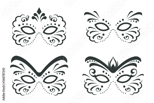 Set of Black carnival mask isolated on white background. Collection of Traditional Venetian masques. Symbol face hand drawn in linear style. Vector illustration for carnival holiday, Mardi Gras