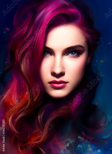 Colorful painting of a beautiful woman s face  Portrait of a beautiful woman with colorful hair