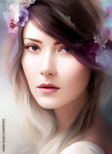 beautiful woman's face, Portrait of a beautiful woman with flowers.