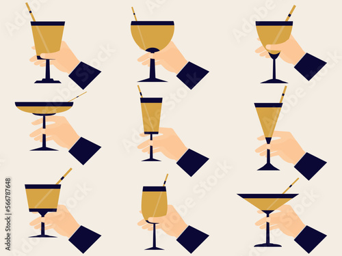 Hand holding wine glass set icons in art deco style. Collection of alcoholic drinks in different glasses with straws. Glasses of wine and champagne. Style 1920s - 1930s. Vector illustration