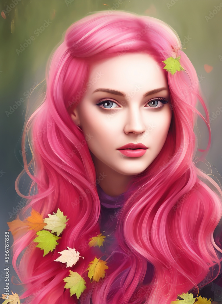 Painting of a beautiful woman's face, Portrait of a beautiful woman. Beautiful girl with pink hair