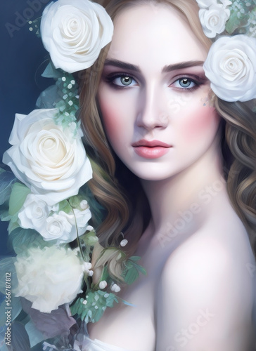 Artistic portrait of a beautiful woman surrounded by roses. Portrait of a beautiful woman