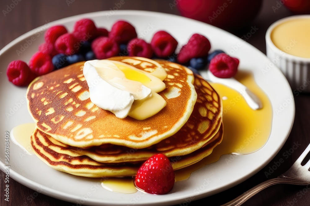 High-Resolution Image of a Tasty Pancake Stack Topped with Fruit, Honey, and Maple Syrup Showcasing the Sweetness of Pancakes. Perfect for Adding a Touch of Color and Goodness to any Design Project High-Resolution Image of a Tasty Pancake Stack Topped with Fruit, Honey, and Maple Syrup Showcasing the Sweetness of Pancakes. Perfect for Adding a Touch of Color and Goodness to any Design Project