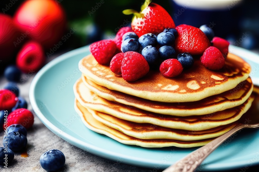 High-Resolution Image of a Tasty Pancake Stack Topped with Fruit, Honey, and Maple Syrup Showcasing the Sweetness of Pancakes. Perfect for Adding a Touch of Color and Goodness to any Design Project High-Resolution Image of a Tasty Pancake Stack Topped with Fruit, Honey, and Maple Syrup Showcasing the Sweetness of Pancakes. Perfect for Adding a Touch of Color and Goodness to any Design Project