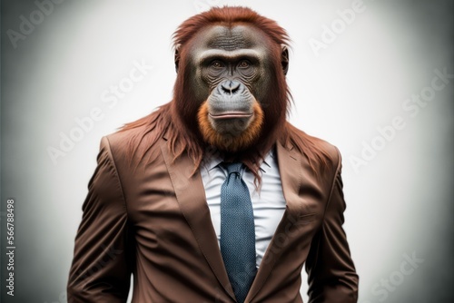 Portrait of an Orangutan dressed in a formal business suit, generative ai 
