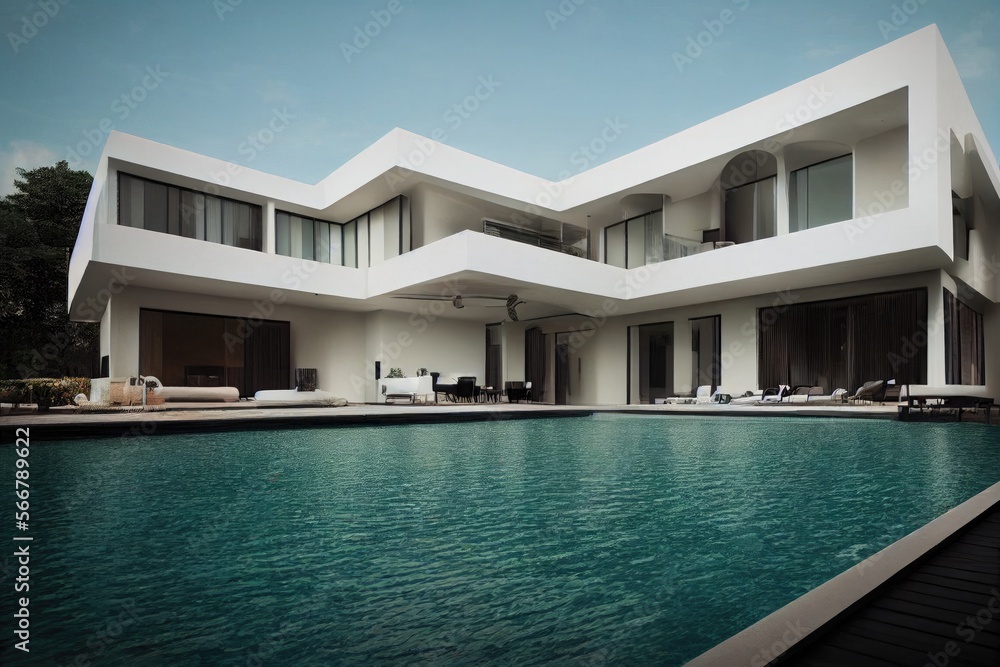 Luxury pool villa spectacular contemporary design digital art real estate , home, house and property, Generative AI illustration.