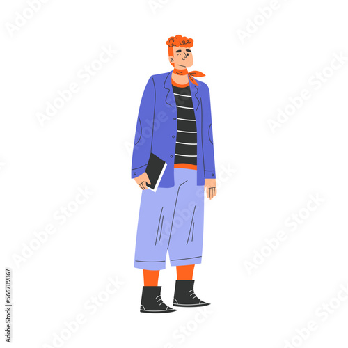 Typical French Man Character in Blue Jacket Standing and Winking Vector Illustration