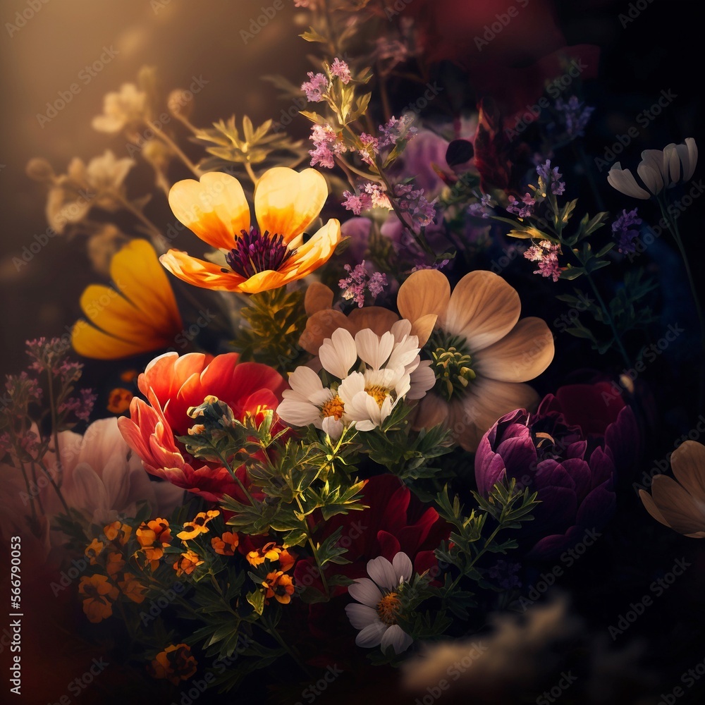 A collection of different varieties of blooming flowers, arranged in a beautiful display in golden hour light 