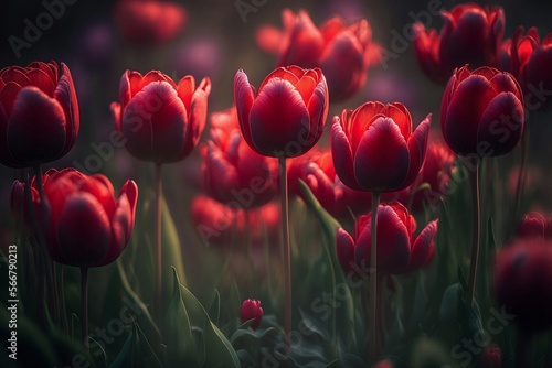 A stunning photo of a bed of red tulips, with each petal in perfect focus and the background softly blurred for a dreamy effect