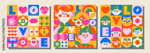 3 Valentine's Day templates in mosaic style with bright backgrounds. Girls and boys in love, hearts, gifts and many other festive elements.