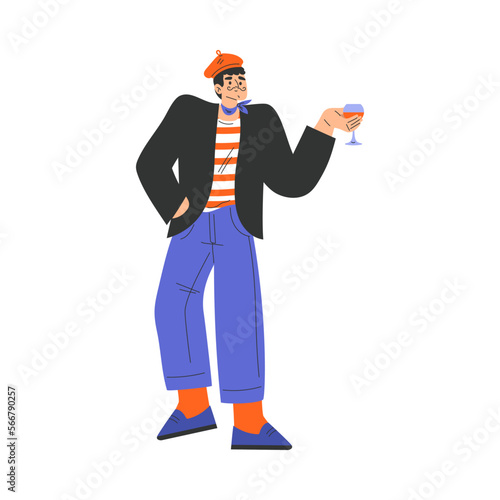 Typical French Man Character in Beret Standing with Red Wine Vector Illustration