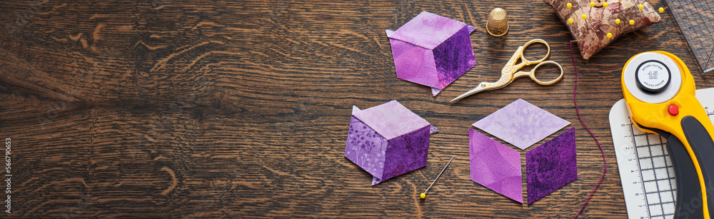 Diamonds stitched in the form of a cube. The process of sewing a quilt. Diamonds stitched in the form of a cube. The process of sewing a quilt.
