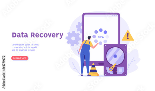 Man in uniform repairing HDD. Restoration process. Data recovery, data storage backup, hardware disk repair service. Vector illustration in flat cartoon design