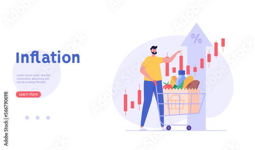 Consumer with shopping cart and grocery prices rising. Increase inflation. Concept of inflation, rising food cost, financial crisis. Vector illustration in flat cartoon design.