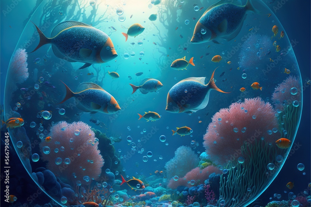 Fototapeta premium a painting of a group of fish swimming in a sea with corals and bubbles in the water and sunlight shining on the water surface. generative ai