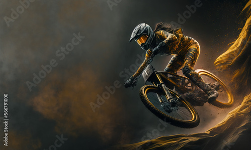 Tela Woman in action dressed in gold equipment is off road mountain biking which is a sport of riding bicycles off road over rough aggressive terrain