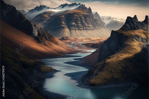  a painting of a mountain range with a river in the foreground and a mountain range in the background with snow capped mountains in the distance. generative ai