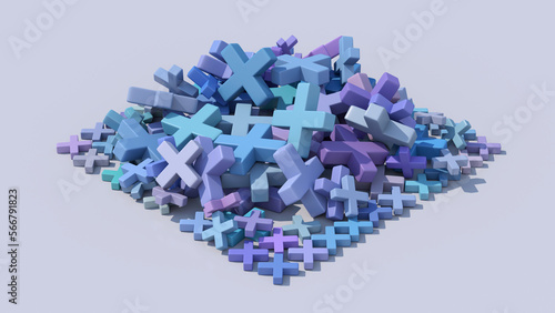 Group of blue  purple cross shapes. Abstract illustration  3d render.