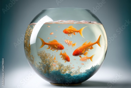  a fish bowl filled with goldfish and bubbles of water on a gray background with a blue bottom and bottom part of the bowl is empty.  generative ai