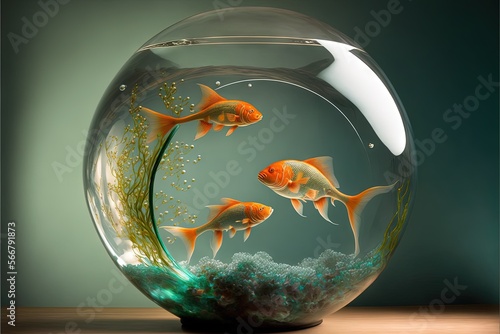  a fish bowl with goldfish in it on a wooden table with a green background and a blue wall behind it and a light green wall behind it. generative ai