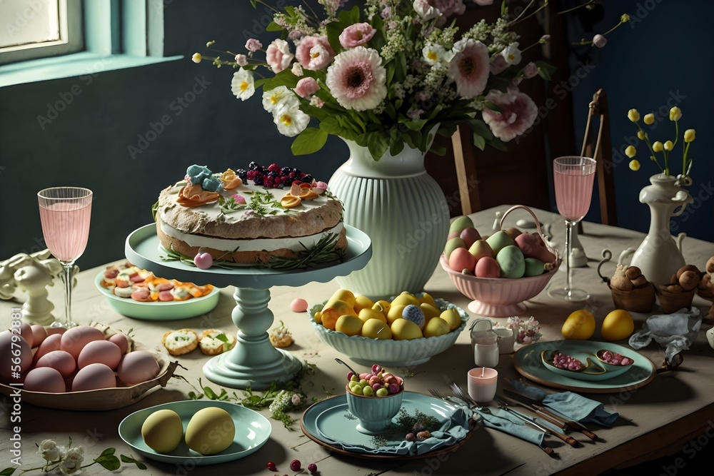 Fototapeta premium Easter brunch with a festive spread of food, Generative AI
