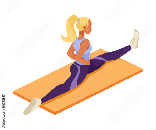 Woman at Gym Doing Stretching as Sport Training and Workout Vector Illustration
