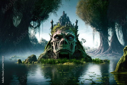 A skull-shaped island with a crown-like structure sits in a mystical swamp, enshrouded in mist among ancient trees, AI generated.  © Czintos Ödön