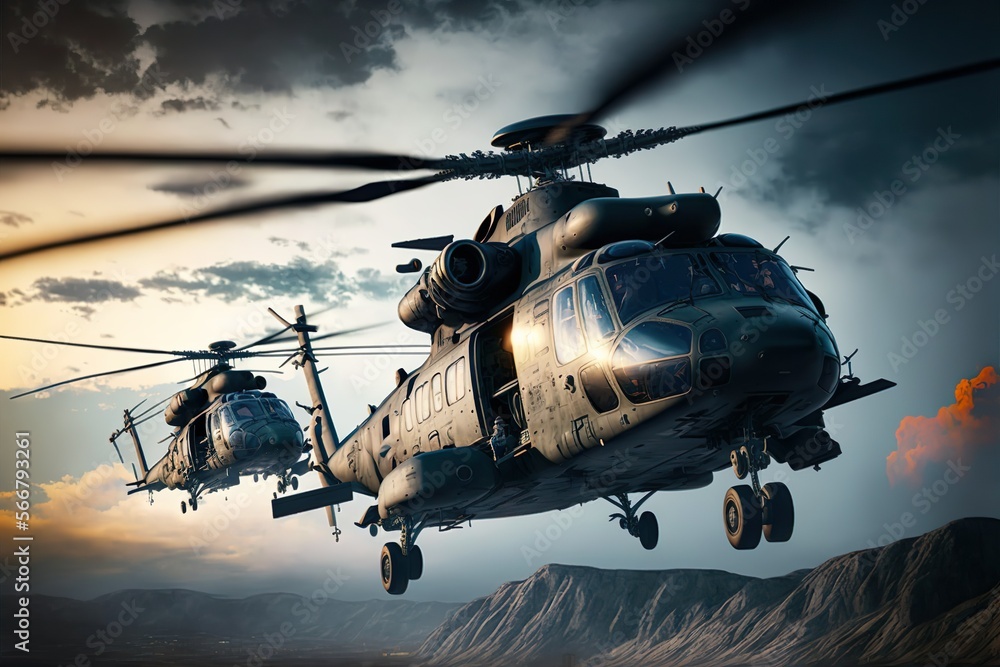 Aviation in the sky. Military helicopters are flying. Created with Generative AI technology