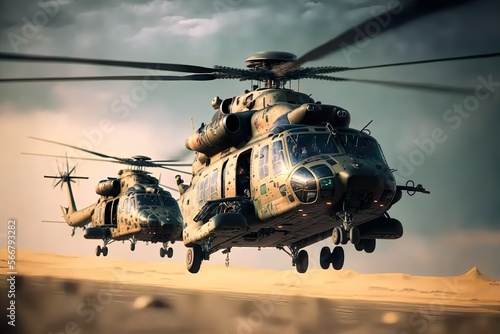 Military helicopters are flying. Army helicopters on a mission. Delivery of helicopters from allies. Created with Generative AI technology photo