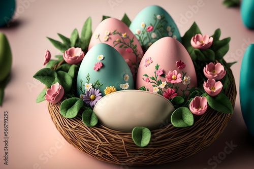 Happy Easter message in a nest of eggs. Write the own message at the plate. Generative AI