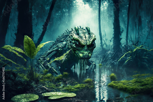 In an ancient alien world, different animal species live in the swamp, reptiles, amphibians and many alien species. An image of an alien world, which is an image created by an imagined AI.